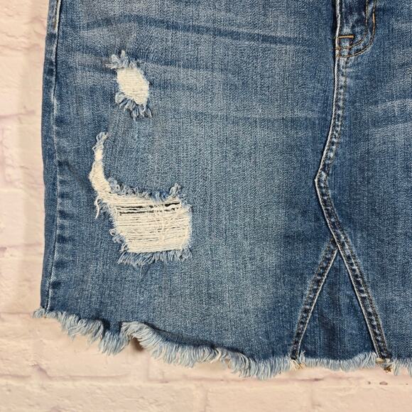 M Just USA Denim Distressed Blue Jean Skirt Womens Size L Frayed Stretch Mini - Picture 4 of 9
